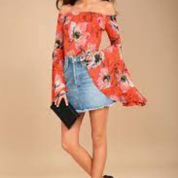 Free People Birds of Paradise Floral Print Off Shoulder Bell Sleeve Blouse M - Picture 2 of 13